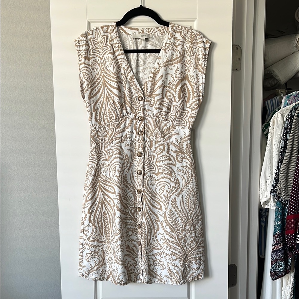 LOFT Brown Cream Flutter Sleeve V-neck Sundress